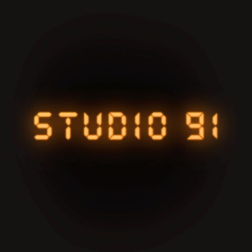 Studio 91 in neon orange digital letters.