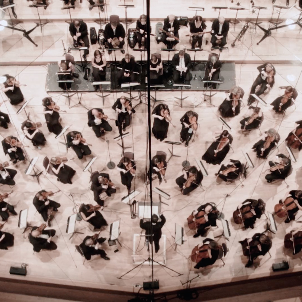 Wide shot of the BBC Philharmonic orchestra from above