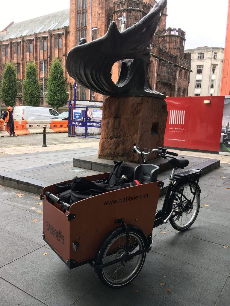 A cargo bike in Manchester filled with video production equipment