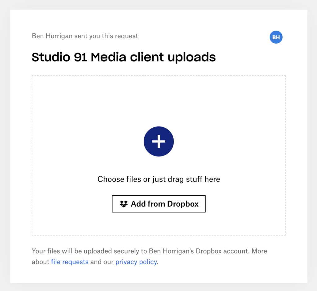 Screenshot of Dropbox file request page, for gathering self-shot video footage