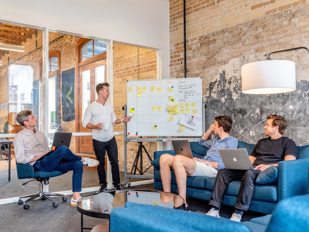 A brainstorm meeting in a trendy office