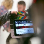 A clapper board on a film set
