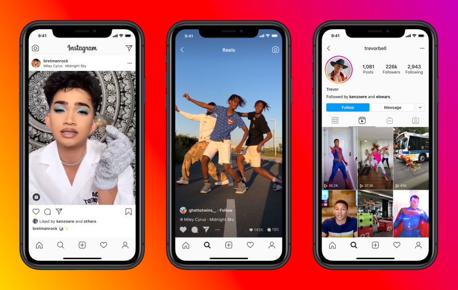 Three mockups on iPhones with different screenshots from Instagram, showing video content in Reels and the main feed.