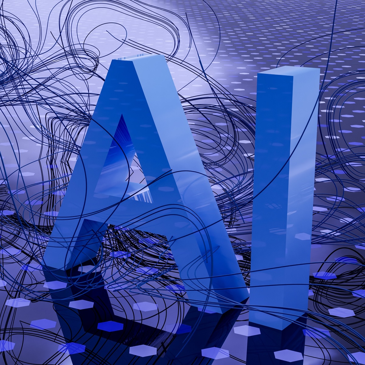 3D illustration of the word AI in large blue letters