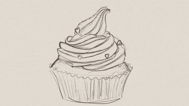 Animated GIF showing part of our video. An illustrated sketch of a cupcake gradually appears, coloured in with a watercolour effect