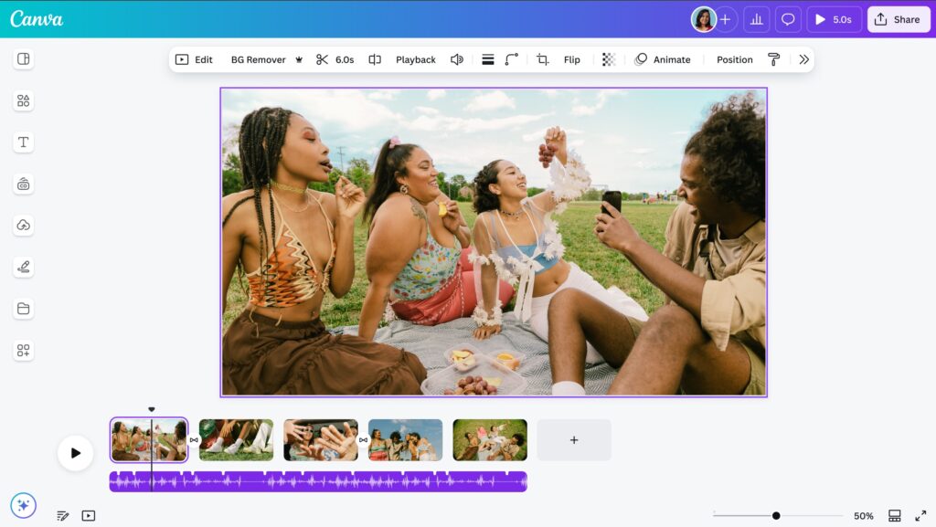 Screenshot of Canva video editing tool on desktop. Five scenes of a group of people enjoying a picnic.