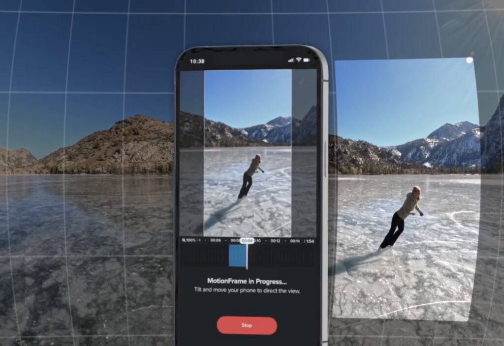 Screenshot of MotionFrame tool being used in the Quik video editing app. The phone shows a portrait video tracking a woman ice skating across a frozen lake, which is actually cropped from a static 360 video.